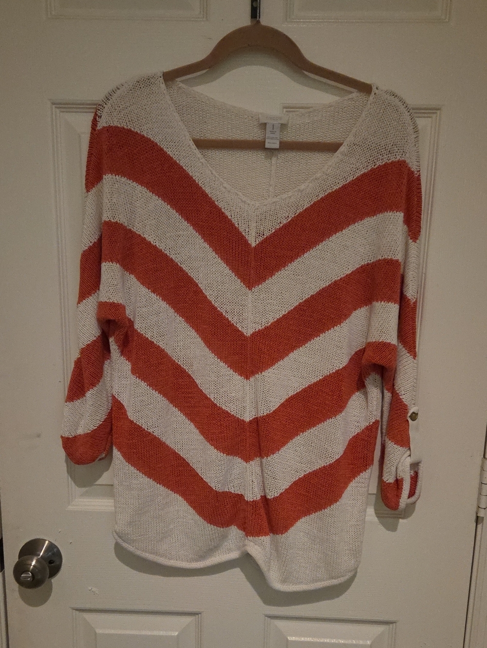 Chico's Orange and Cream Chevron V-Neck Sweater Country